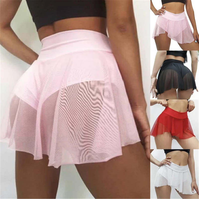 See Through Shorts Skirt Women Summer Streetwear Female Elegant Dancewear Aesthetic Pink Short Chiffon Skirts Sexy Ruffle Shorts