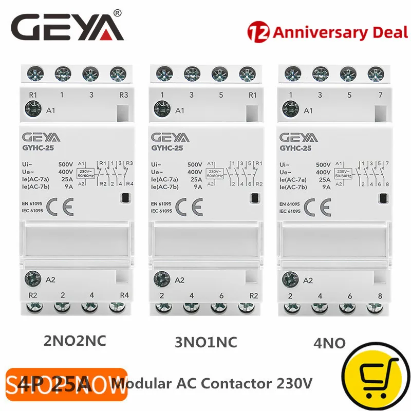 Geya-contator Doméstico Automático Din Trilho Modular Ac230v 4p 25a 4no 2no2nc 3no1nc 50 60hz 3p 25a 3no