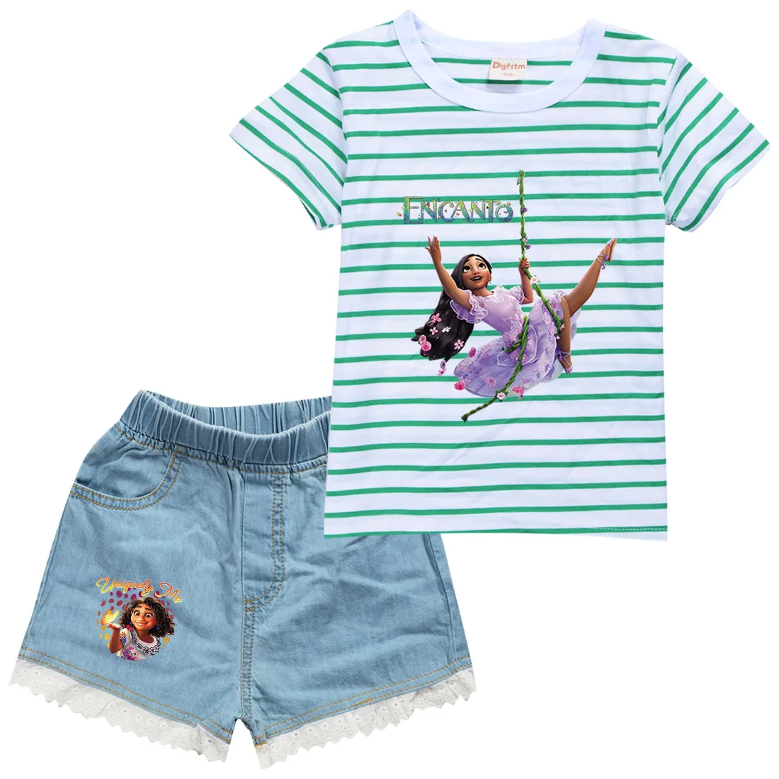 

2022 Disney Baby Boy Clothes Set Summer Striped Girls Kids Cartoon Print Encanto Short Sleeve T-Shirt + Washed Jeans