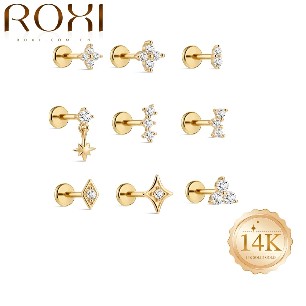 Фото Серьги-гвоздики ROXI из цельного золота 14 карат, гипоаллергенные, в форме октаграммы/звезды/цветка/V-образной формы/маркизы, для женщин №1