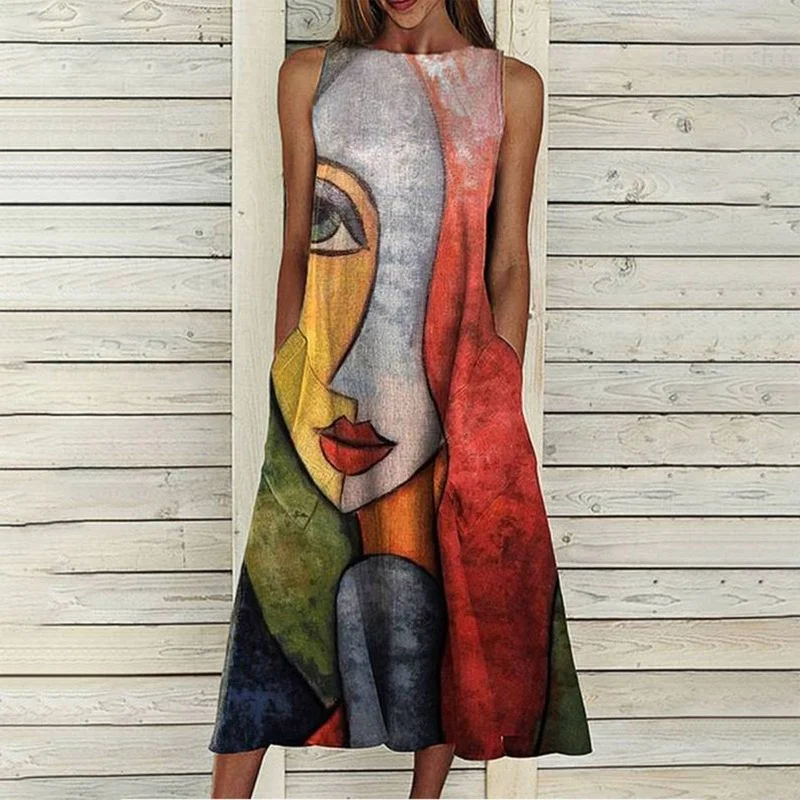 

Tank Women Summer Dress Woman Face Print Sleeveless Casual Dresses for Women 2022 Pockets O-Neck Pocket Female Dress Woman New