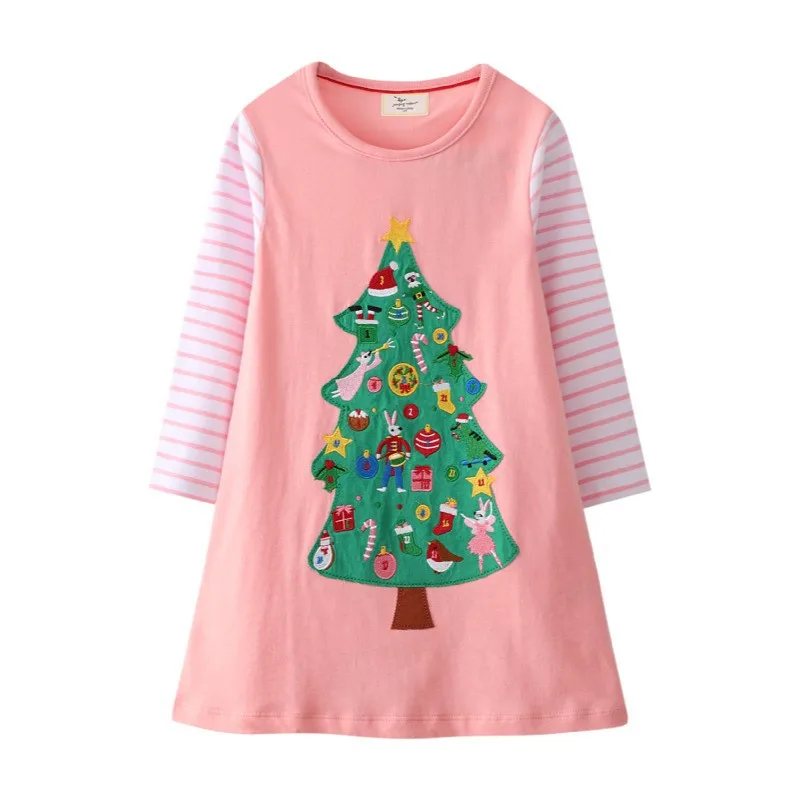 

Jumping Meters Princess Christmas Dresses Tree Embroidery Cotton Long Sleeve Baby Girls Clothes Party Kids Frocks Costume