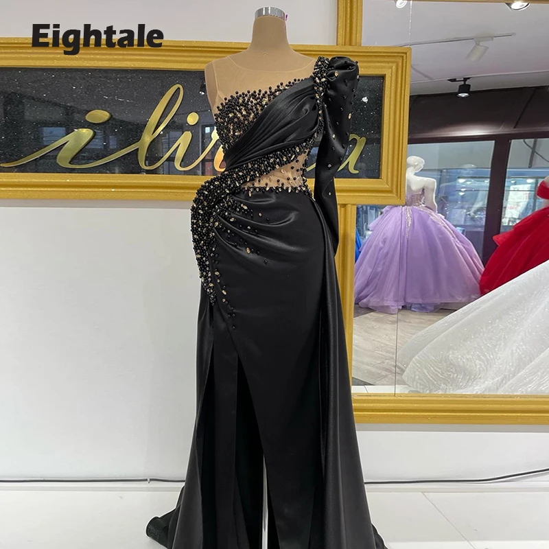 

Eightale Luxury Evening Dress for Wedding Party Satin Beaded Pearls Long Sleeves Pleats Mermaid Prom Gowns Celebrity Dress