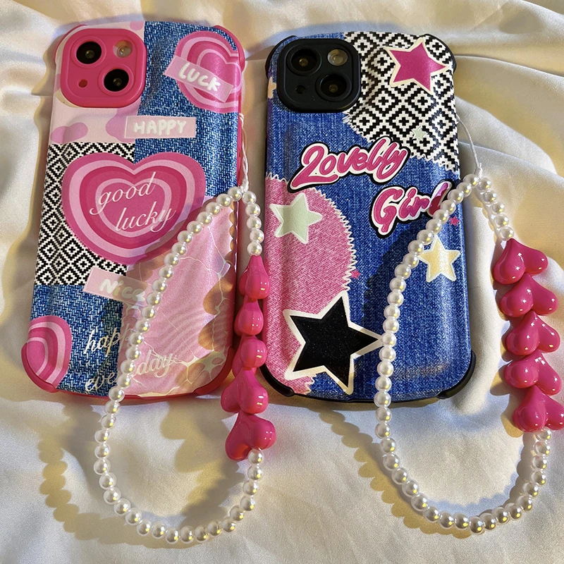 

Y2K Cute Denim Star Phone Case Heart for IPhone 14 13 11 12 Pro XS Max X XR Korean Vintage INS Shockproof Soft Case