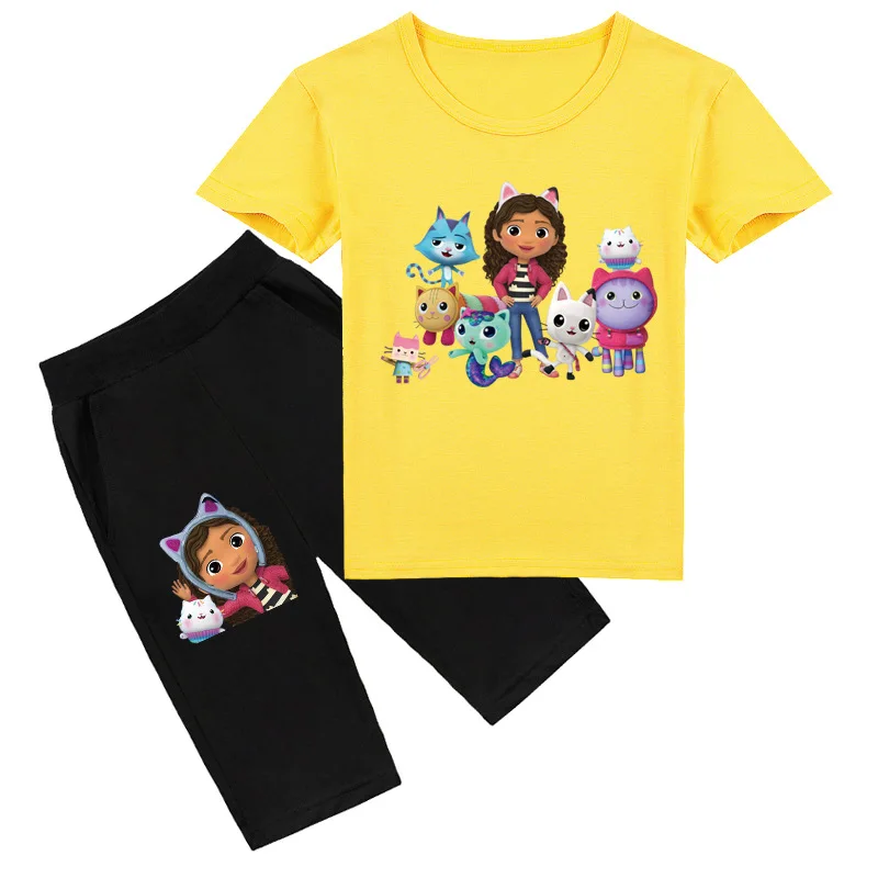 

Cartoon Gabbys Dollhouse T Shirt Kids Summer Casual Clothes Girls Short Sleeve T-shirt+shorts 2pcs Set Boys Gabby Cats Clothing