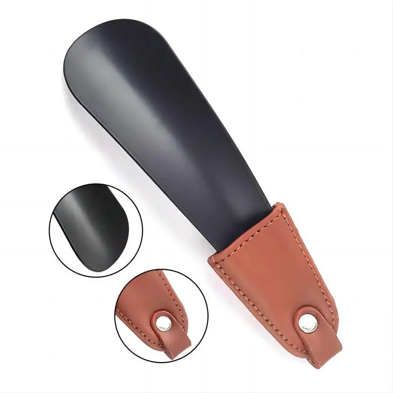 Металлическая ложка для обуви ZOMAKE с рожком и кожаной ручкой 16 см нержавеющая