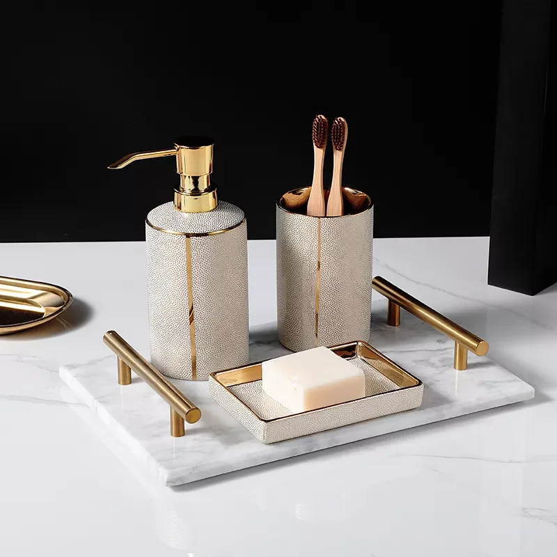 

NEW2023 Ceramic Liquid Soap Dispenser Lotion Dispensing Bottle Soap Dish Toothbrush Holder Soap Dispenser Gold Bathroom Accessor