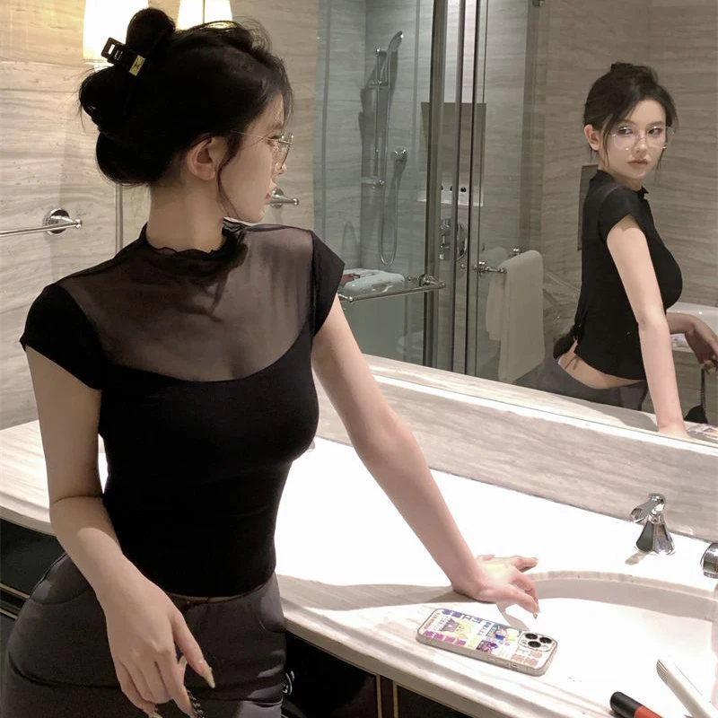 Женская футболка с коротким рукавом Y2k однотонная сетчатая простроченная