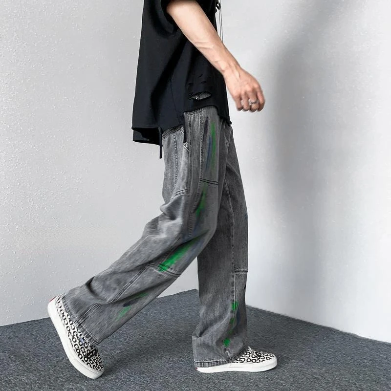 New Graffiti Splash Ink Jeans Men's Brand Clothing High Street Loose Straight-leg Pants Casual Trousers Fashion Men's Streetwear