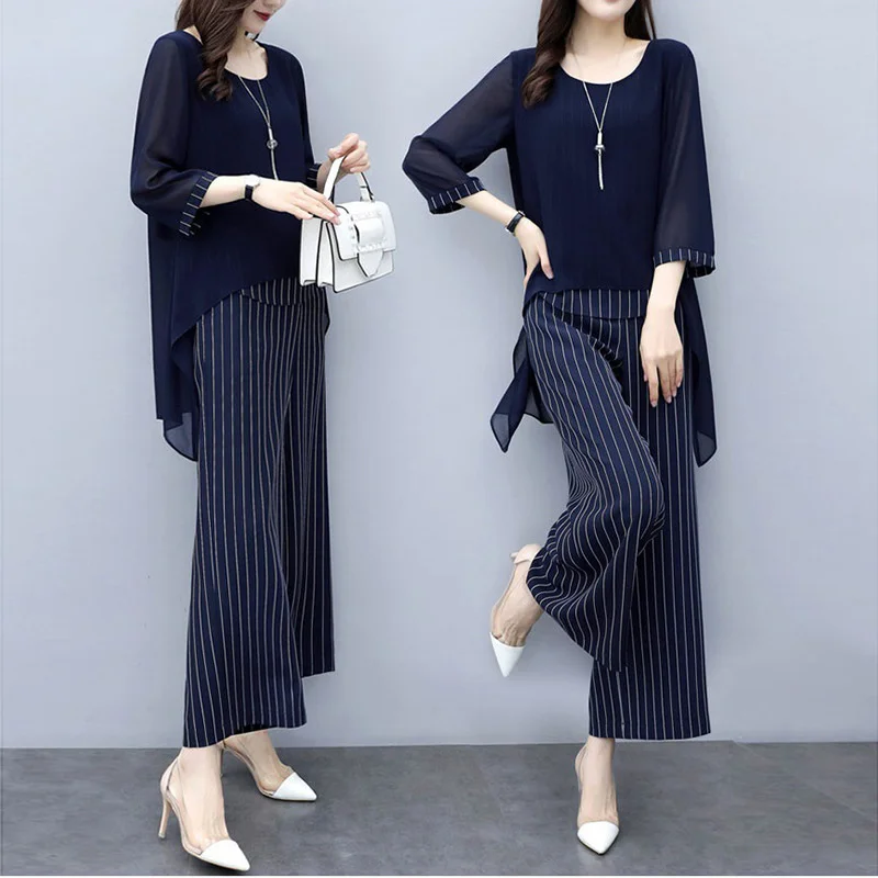 

Striped Women Two Piece Outfits Wide Leg Pants Korean Womens Chiffon 2 Piece Set Top Trouser Spring Summer Suit Clothes Oversize