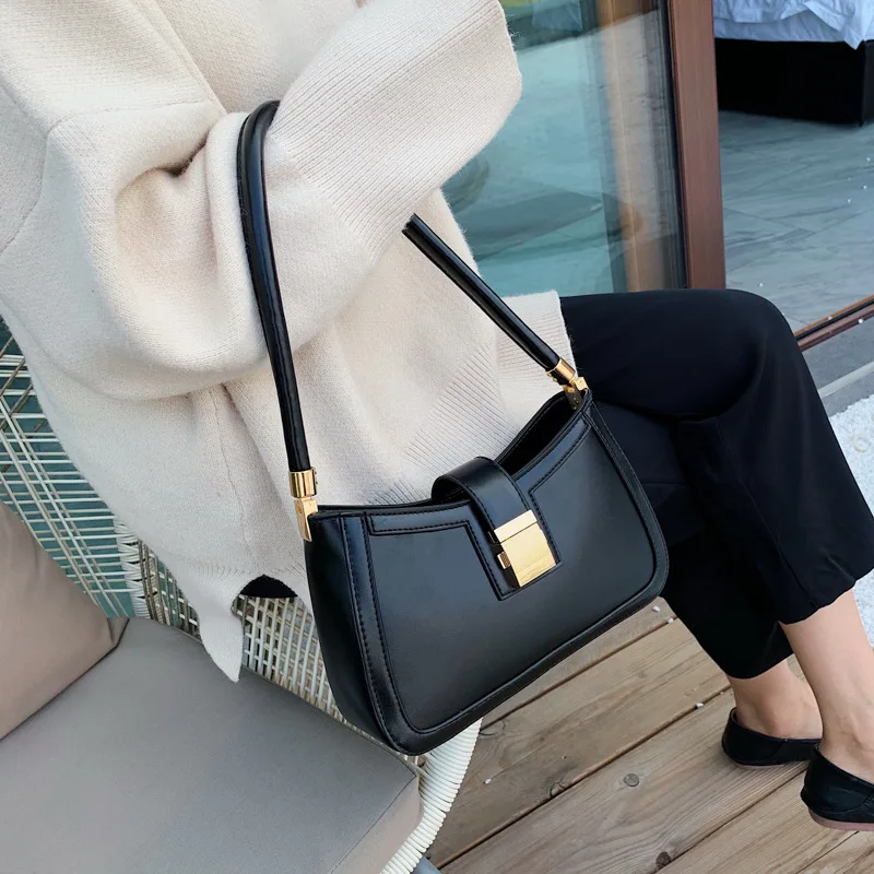 

Solid Color PU Leather Shoulder Bags For Women Elegant Handbags Lady Daily Purse High Quality Vintage Hobo Underarm Bag