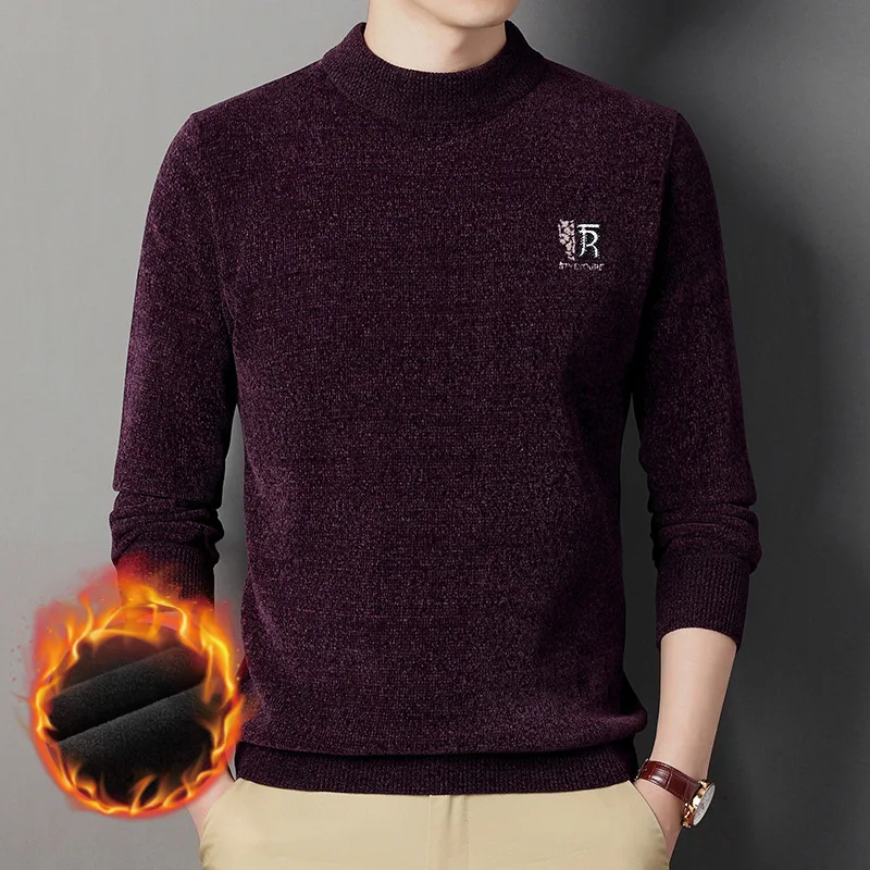 Men's Autumn and Winter Plush Sweater, Solid Color Round Neck Sleeve, Soft and Breathable Top, Casual and Versatile Knitwear