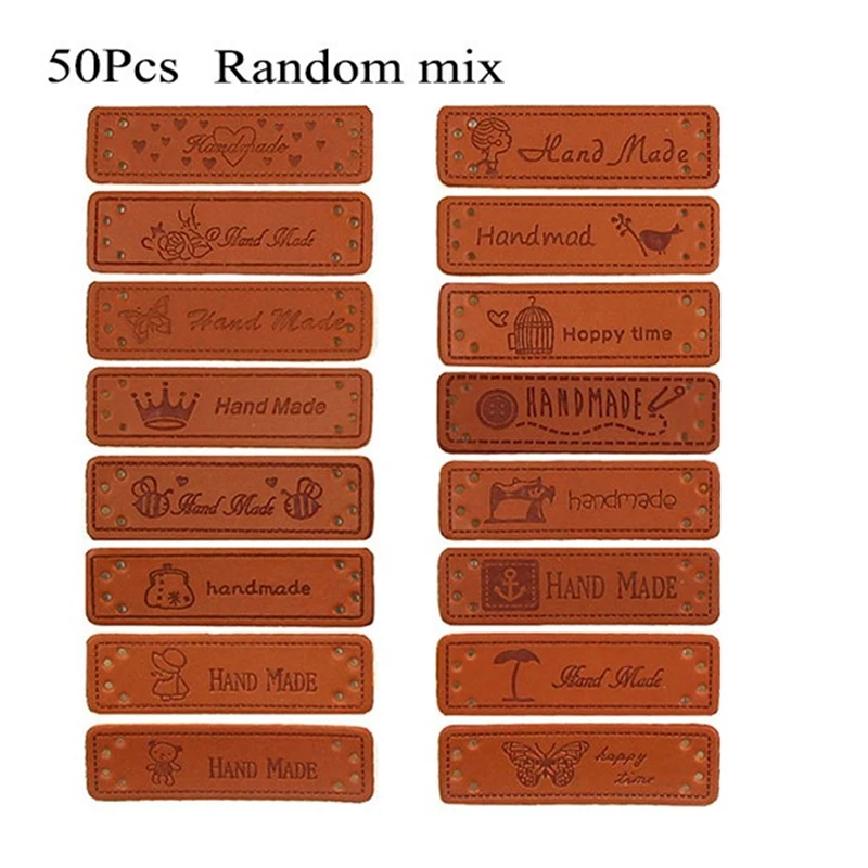 

50Pcs Brown Made with Heart PU Leather Handmade Label Tags DIY Sewing Craft
