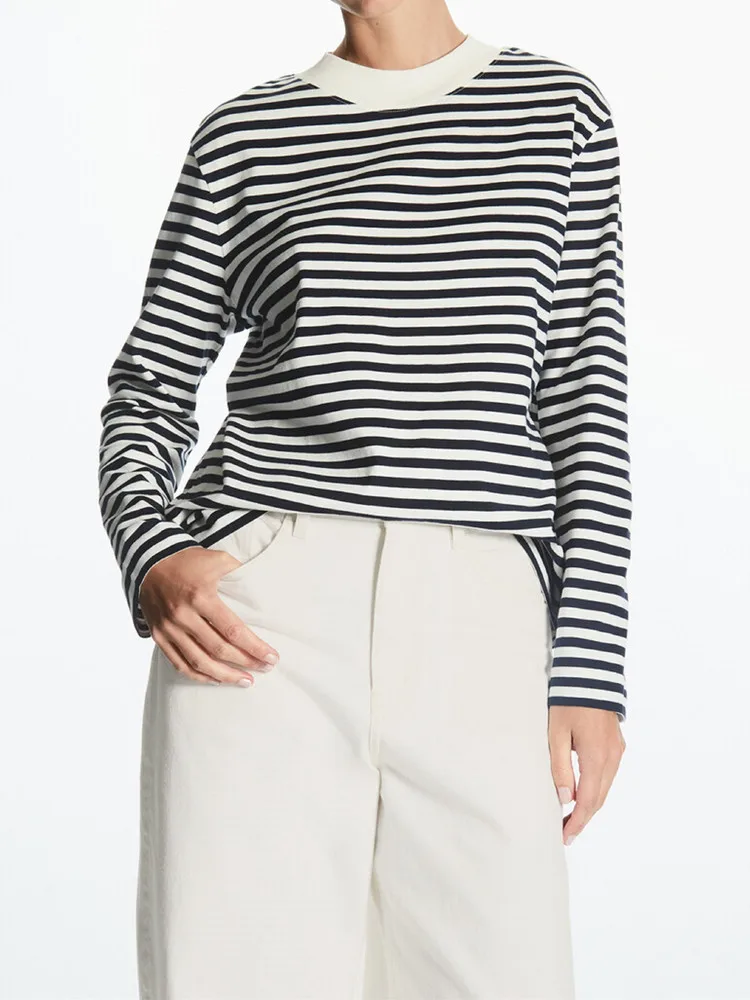 

Women Simple Striped Round Neck T-shirt Fall Casual Long Sleeve Cotton Tees