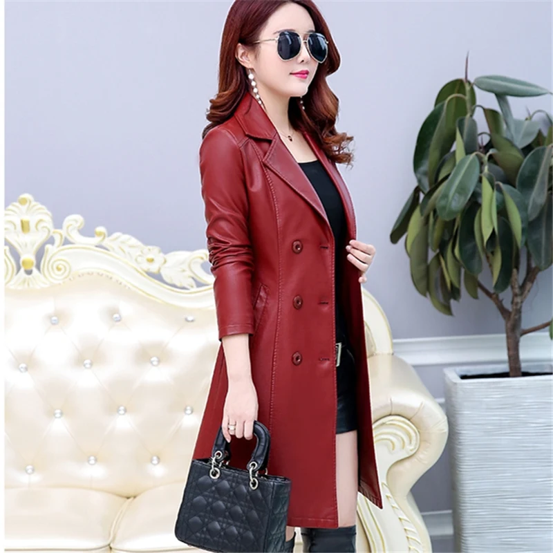 2022 New Spring Autumn Real Leather Coat Women Plus Size Casual Long Slim Street Fashion Sheep Windbreaker Jacket Female Clothes