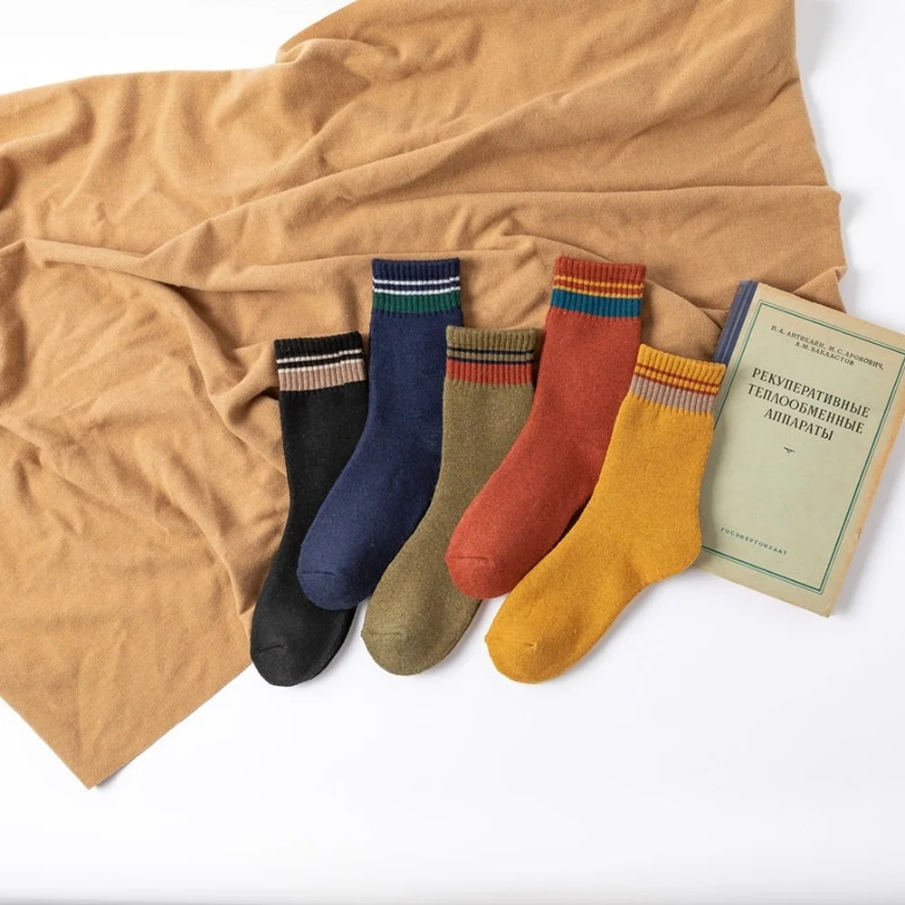 5 Pairs Autumn and Winter New Striped Colorful Terry Thickened Women Socks Retro Pure Color Ethnic Warm Rabbit Wool Socks