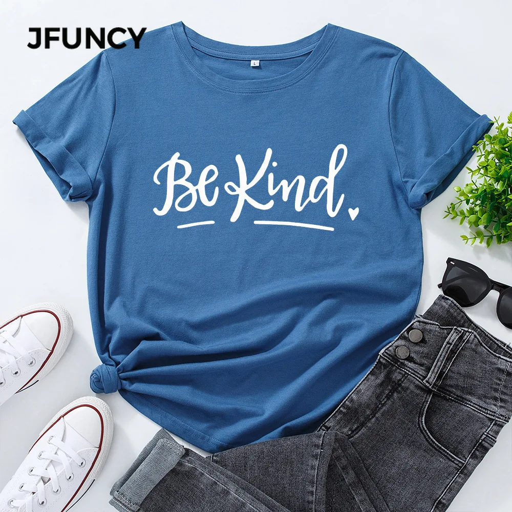 JFUNCY Women's T Shirt 100% Cotton Short Sleeve T-shirt Be Kind Letter Print Graphic Tees Female Tshirt Woman Tops