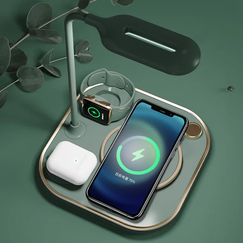 Беспроводная зарядная станция 4 в 1, светодиодная настольная лампа для iPhone 8-13 всех серий, Huawei, Xiaomi, Oppo, One Plus, Apple Watch, Apple, наушники