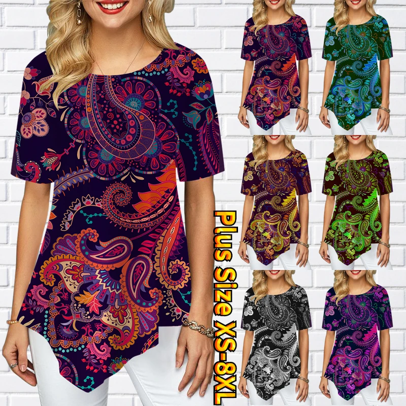 

2022 Round Neck Retro Printed Short Sleeve Bottom Loose Basic T-shirt Women's Home Fashion Casual Top Everyday Pullover T-shirt