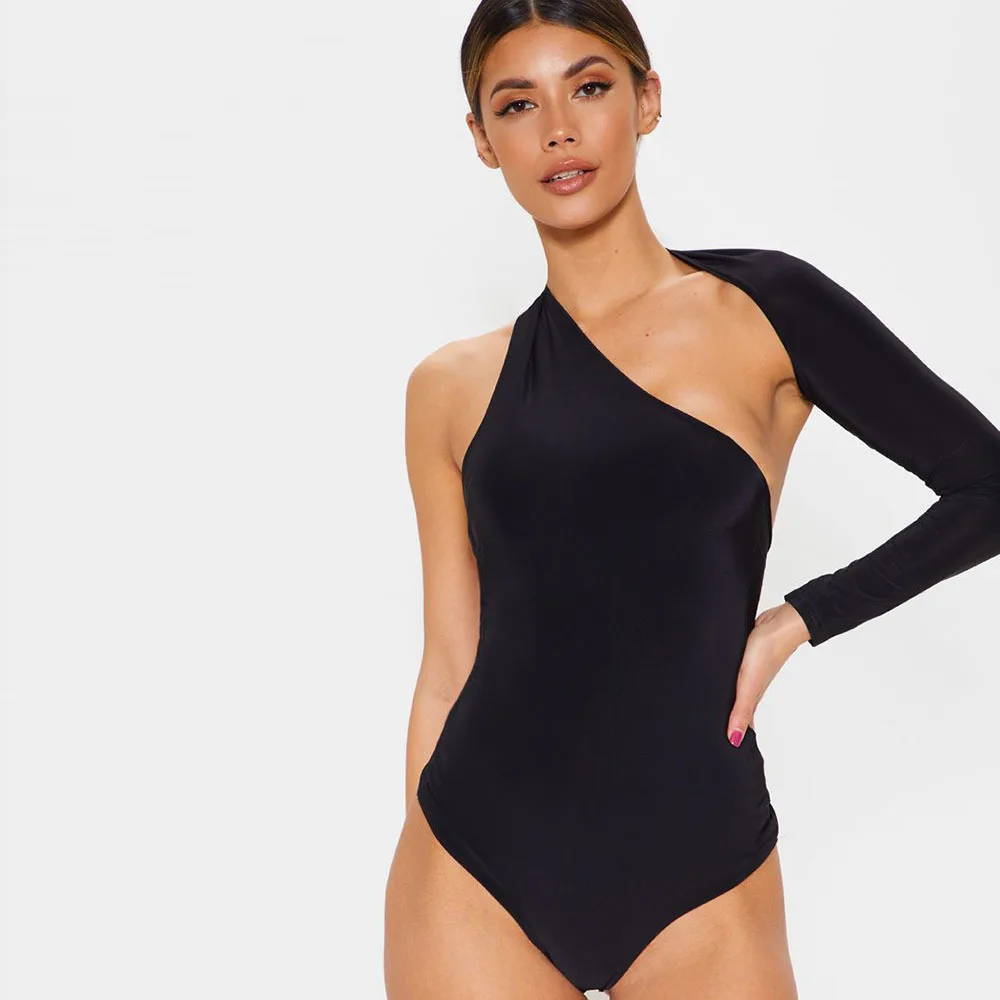 

One Shoulder Sexy Bodysuit For Women Plain Colors Polyester Spandex Sexy & Club Skinny Bodywear