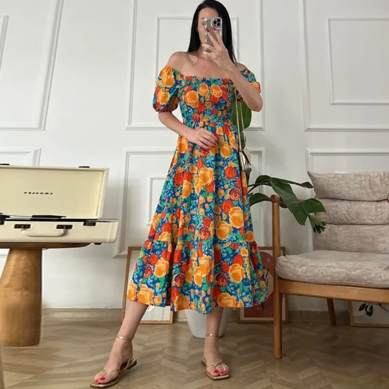 

Dashiki African Dresses For Women Summer New Fashion One Shoulder Floral Mid-length Dress Ankara Robes Africa Clothes Vestidos