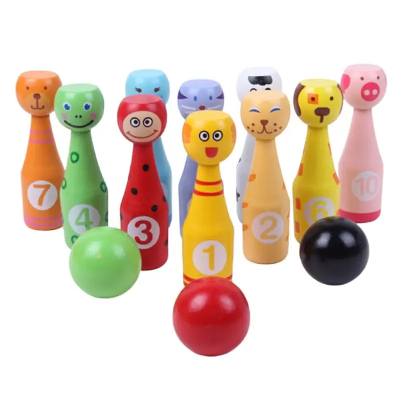 

13 Pieces Wooden Bowling Set with Animal Faces and Numbers Kids Garden Toys for Indoor and Outdoor Sports Games