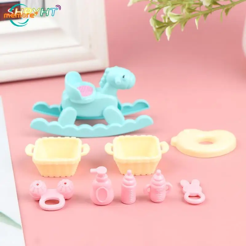 9pcs/set 1/6 Dollhouse Miniature Nursery Accessory Toddler Rocking Horse Toys Milk bottle Pretend Toy for Dolls House Baby Room