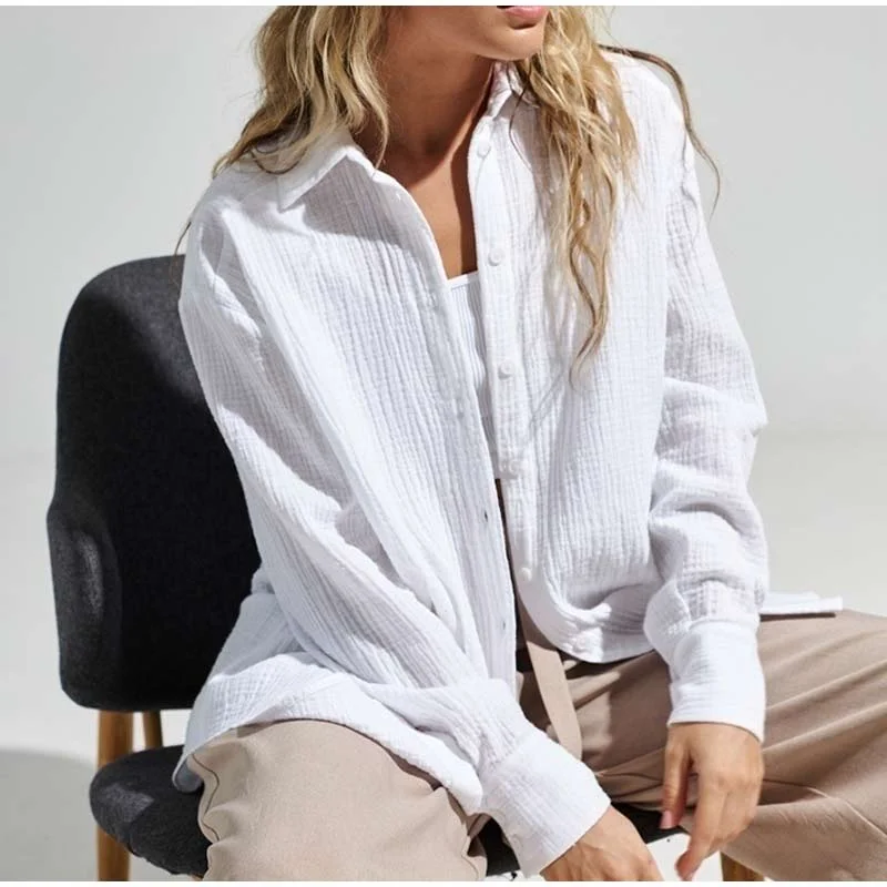 

Summer Cotton Shirts for Women Breathable Long Sleeve Korean Shirt Office Lady Solid Blouse Female Y2k Loose Chic Tops Outerwear