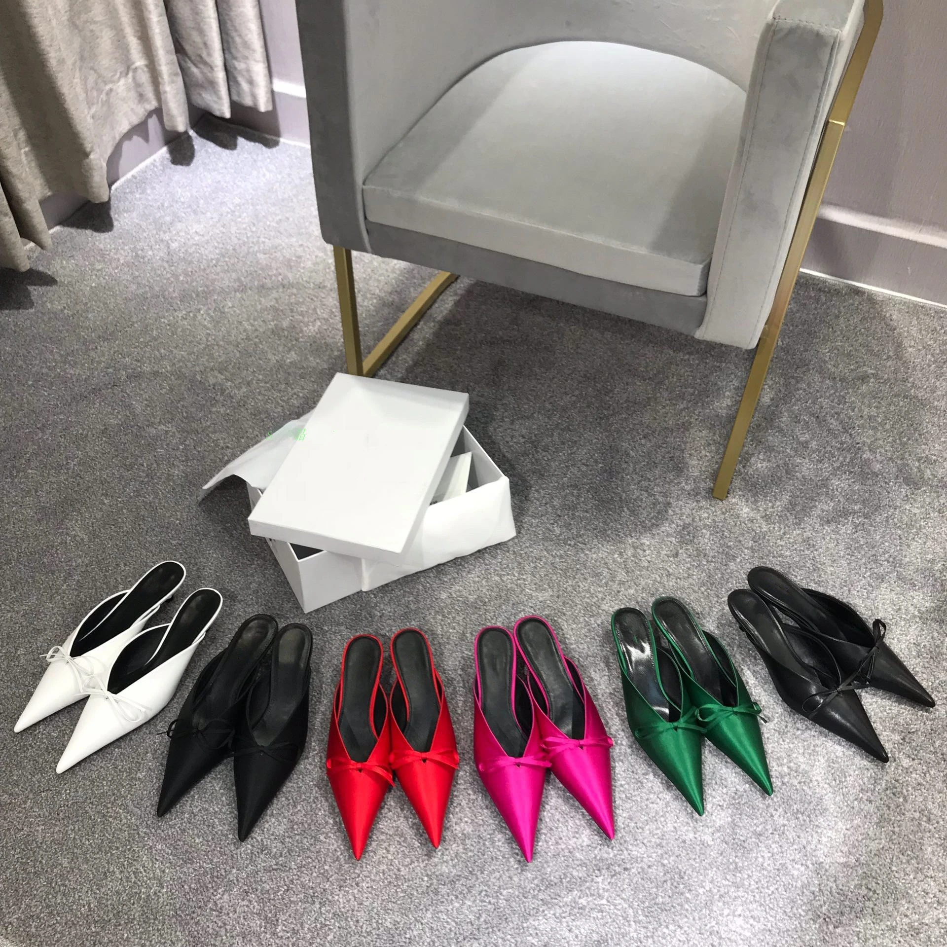 2023 New Pointed Half Pack Slippers Women's Bow Short Heel Cat and Muller Half Slippers