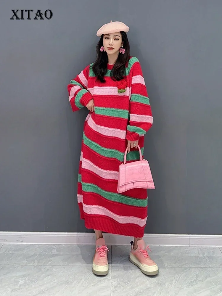 

XITAO Striped Knitting Dress Loose Fashion Contrast Color Splicing Casual Long Sleeve Pullover Sweater Dress Autumn New ZZ0121