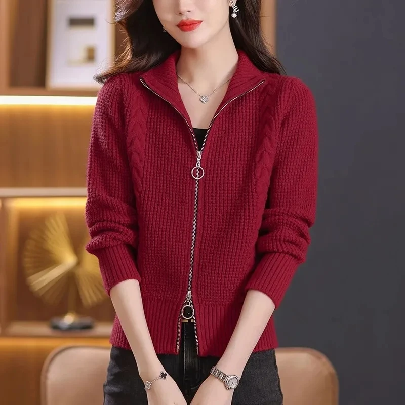 Женский вязаный кардиган на двойной молнии свободный свитер-пальто в Корейском