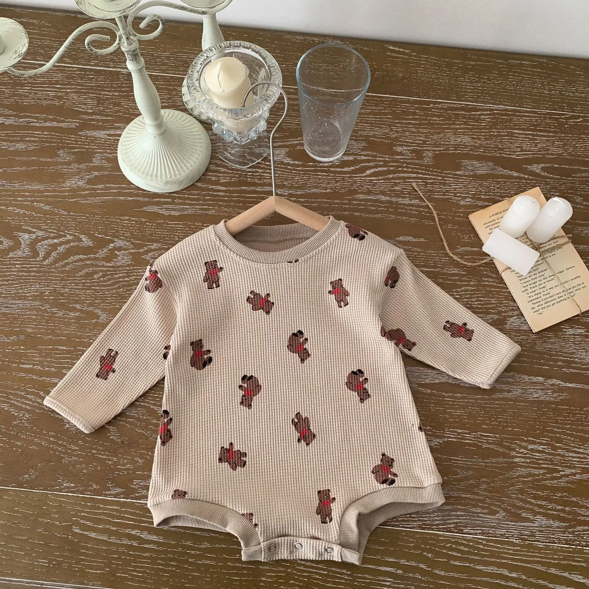 2022 Autumn New Baby Long Sleeve Bodysuit Fashion Infant Boy Girl Bear Print Jumpsuit Cotton Waffle Cute Floral Clothes