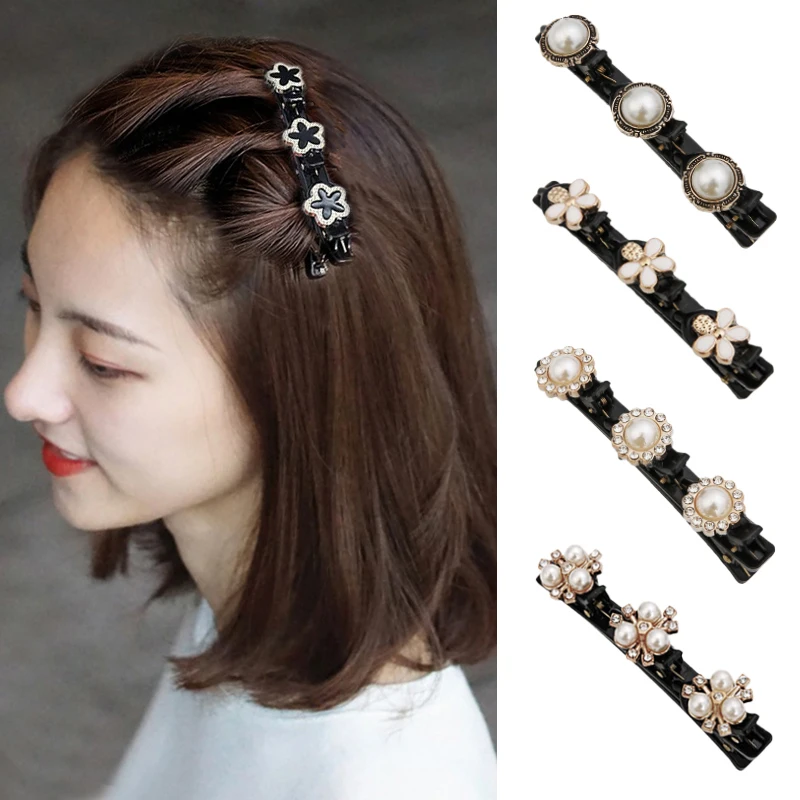 

New Women Elegant Flower Pearls Braid Hairpins Women Fashion Bangs Clip Barrettes Headwear Girls Sweet Hairpin Hair Accessories