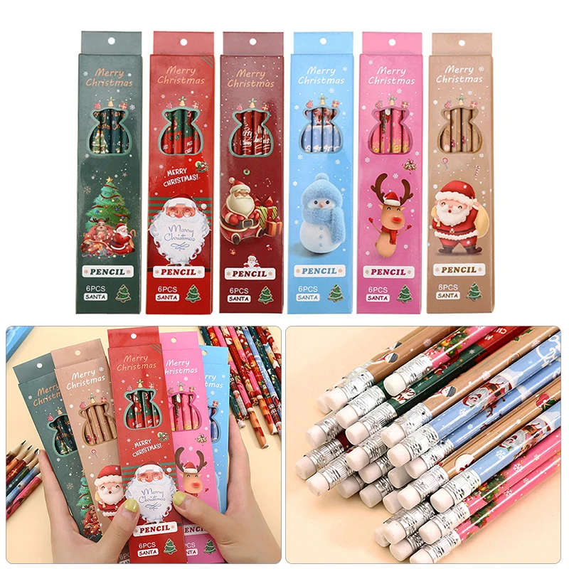 

6pcs/Set Christmas Boxed Pencils For Student Writing Drawing Sketch Pen Set Wooden HB With Rubber Stationery
