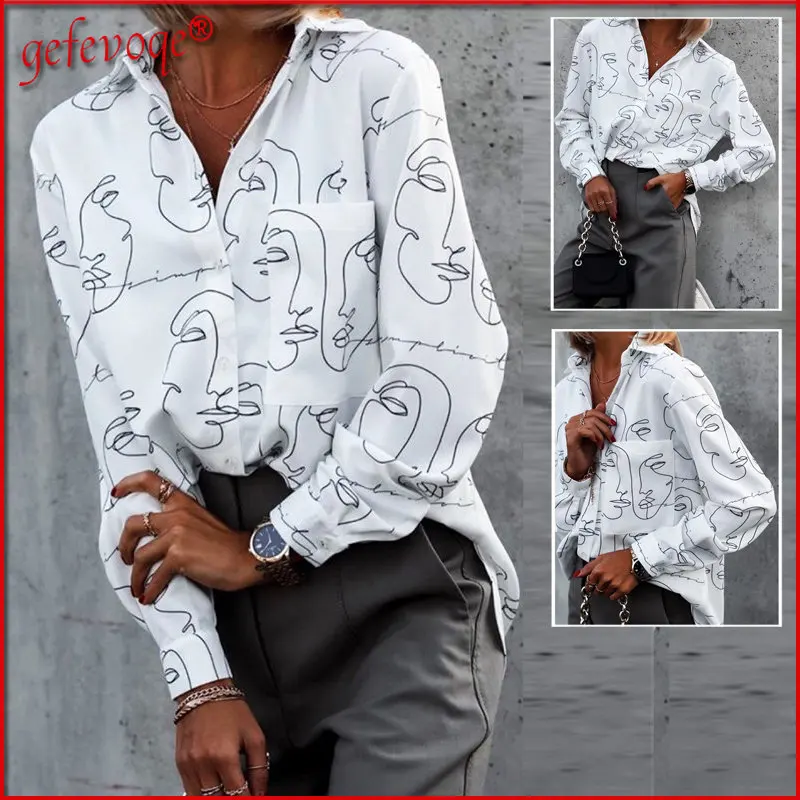 

Vintage Graphic Print Harajuku Women's Oversize Turn Down Collar Blouse Button Up Shirt Fashion Blouses 2022 Spring Top Female