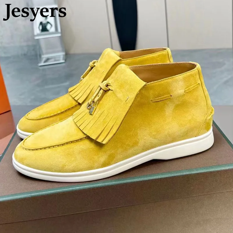 

Женские замшевые туфли без задника, лоферы, мягкая подошва, высокие, плоская подошва, металлический замок, бахрома, Декор, удобная Легкая про...