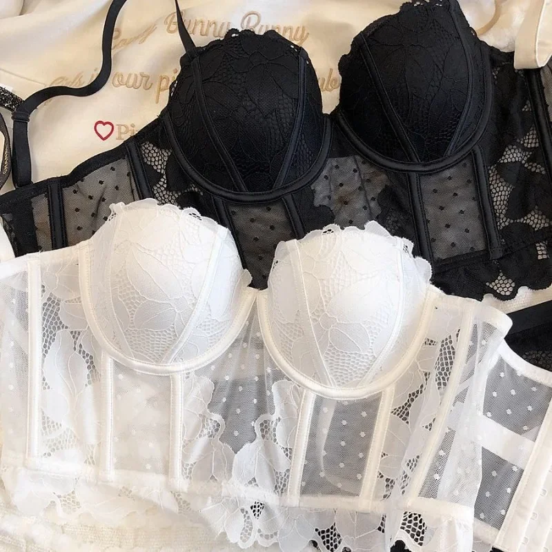 Фото Sexy Thin Lace Bras for Women Hot Girl Mesh Transparent Shaper Lingerie Bralette Night Club Vintage CropTop Sweet Bra Underwear №1