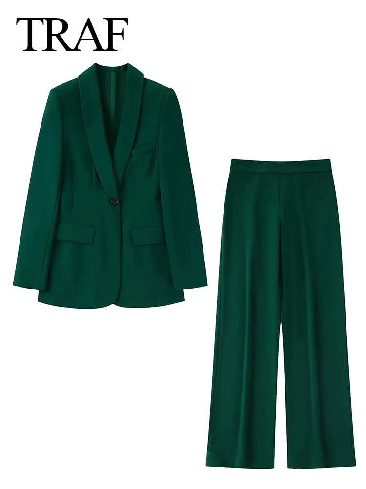 

TRAF Blazer Solid Green Commuter Simple Single Button Long Sleeve Suit Collar Top + Trousers Temperament Trend Wide Leg Pants