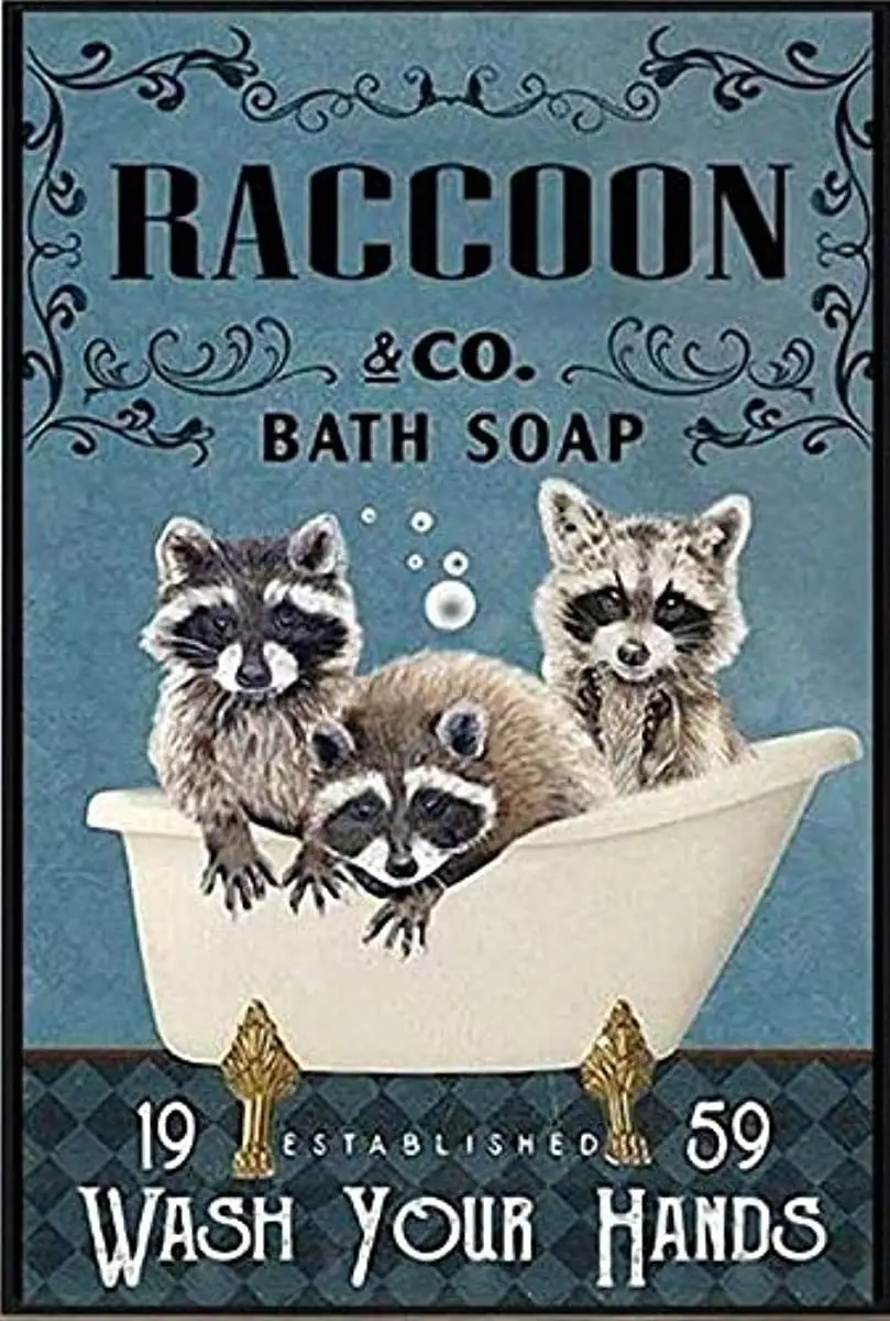 

Raccoon Poster Wall Decor Vintage Metal Tin Signs Coffee Shop Plate Iron Painting Warn Retro Novelty Funny Humorous Bar Pub Man