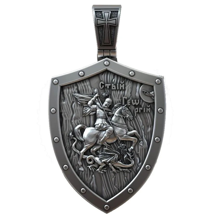 

Saint George Shield Prayer Dragon Slayer Rider Art Relief 925 SOLID STERLING Silver Pendant