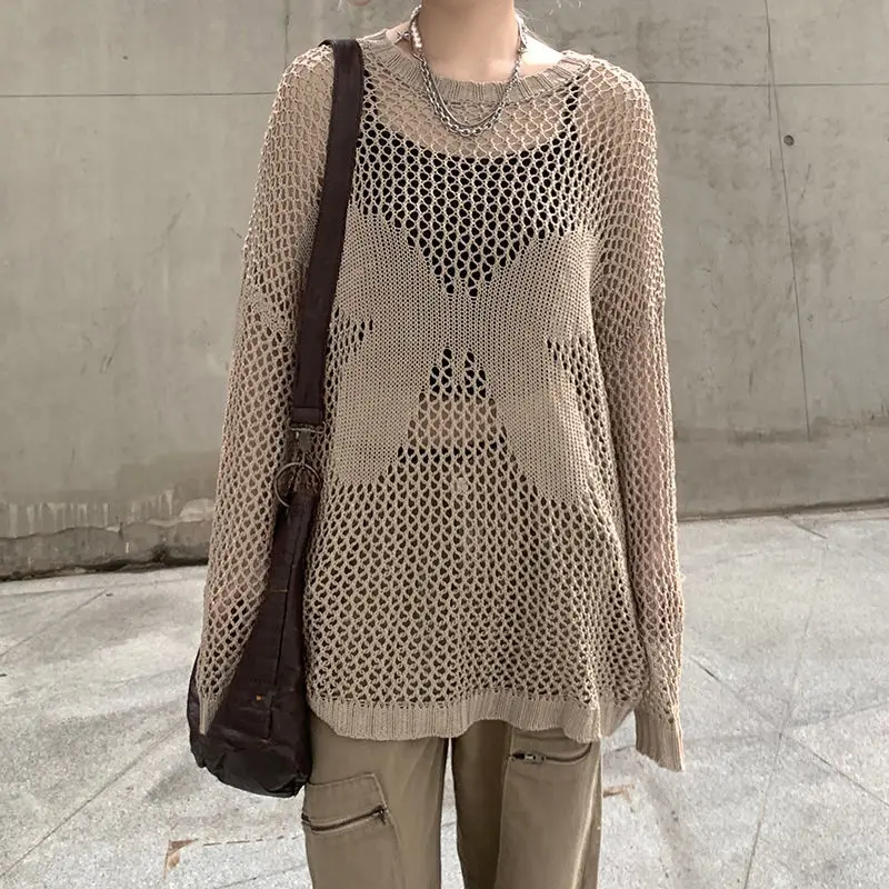 

2023 Summer Hollow Out Loose Long Sleeve Women Sweaters Vintage Butterfly Shape Kawaii Knitted Pullovers Women Smock Tops