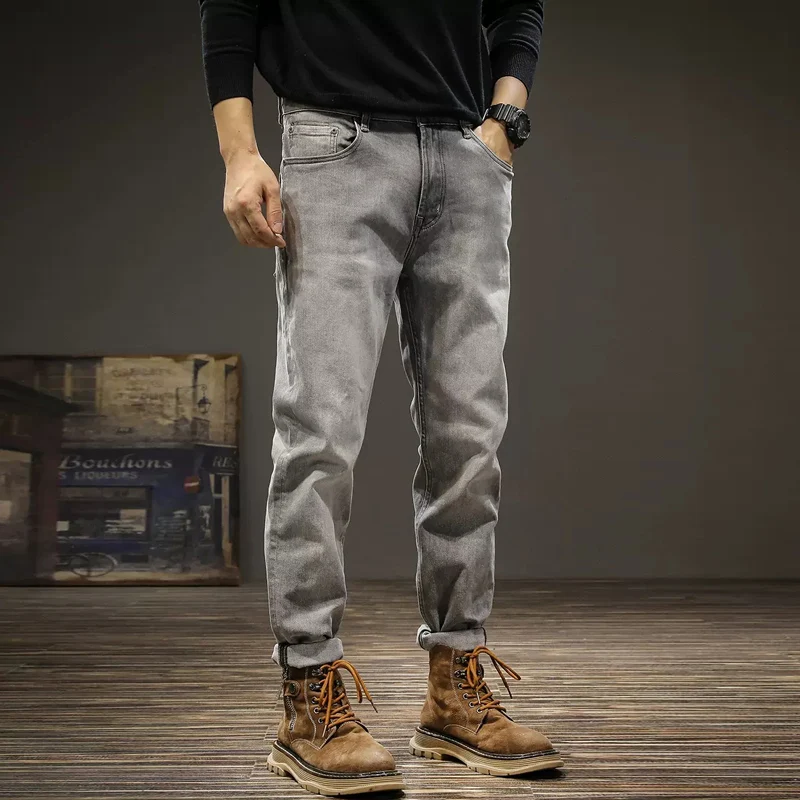 Newly Designer Fashion Men Jeans Retro Gray Stretch Slim Fit Ripped Jeans Men Elastic Trousers Vintage Casual Denim Pants Hombre
