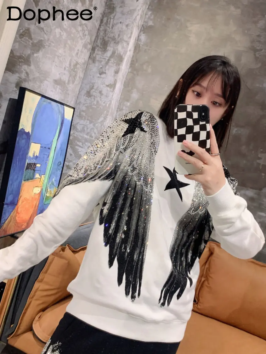

Autumn Winter Luxury Sweatshirt Coat for Men Women Heavy Full Diamond Big Wings Cartoon Round Neck Pullover Couple Hoodie Jacket