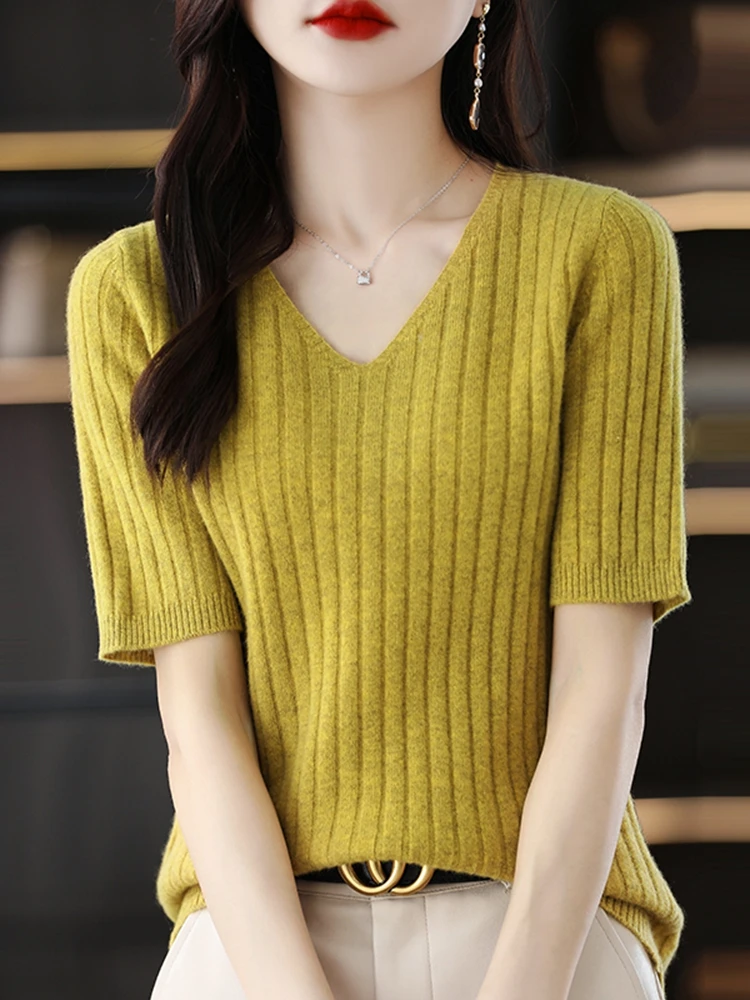 

BOBOKATEER Knitted T-shirty Damskie Short Sleeve T shirt For Women Clothes Camisetas De Mujer V-Neck Woman Tshirts Summer Top