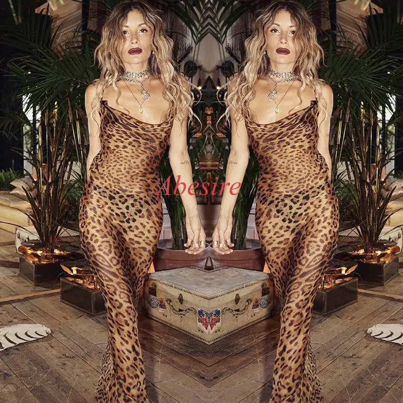 

Spring Summer Women Ins Hot Selling New Suspenders Backless Tube Top Square Collar Leopard Print Ankle Dress Evening Dress