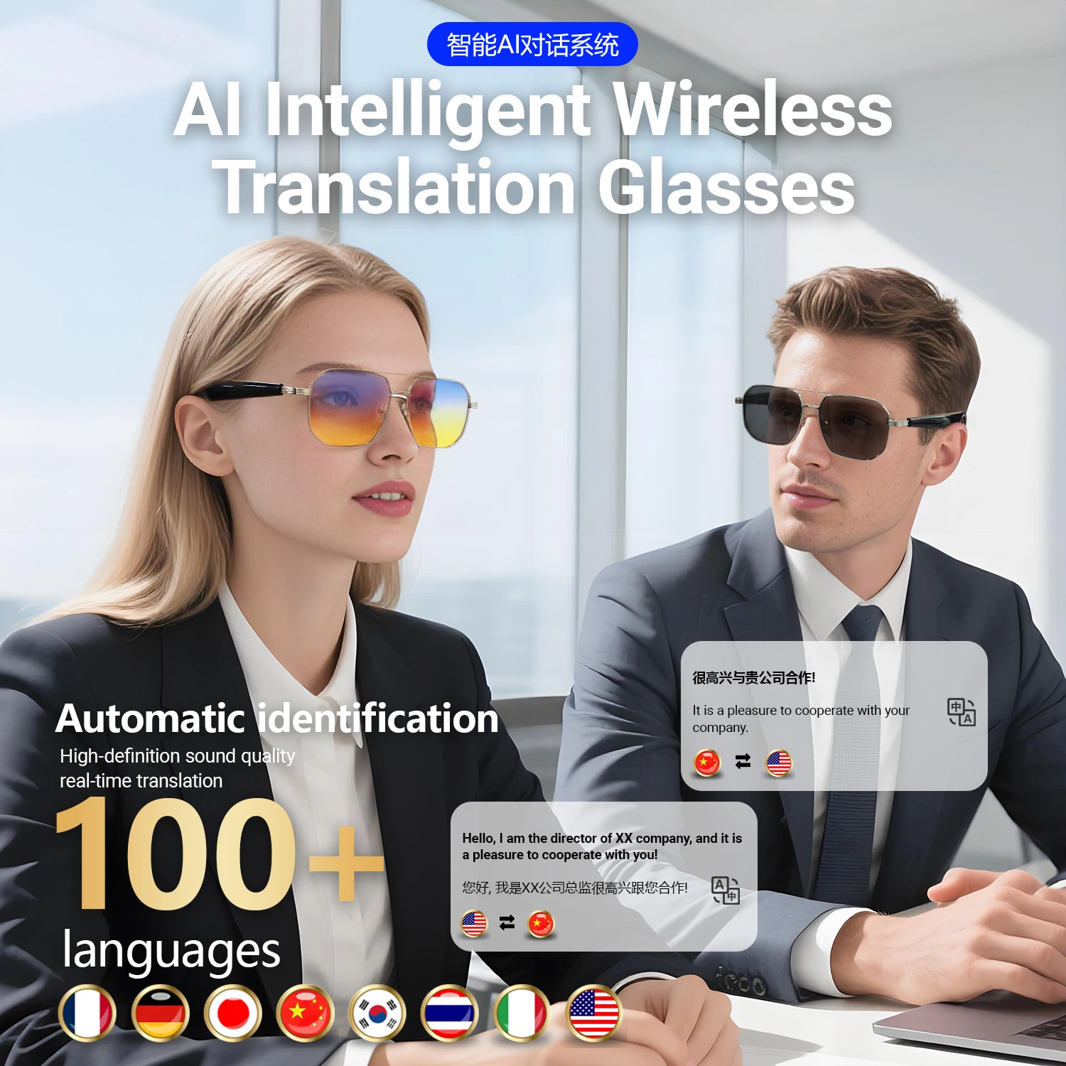 Фото LIGE новые умные Bluetooth-переводчики с искусственным интеллектом, 100 языков, музыкальная гарнитура, голосовой помощник, солнцезащитные очки с беспроводным вызовом №4