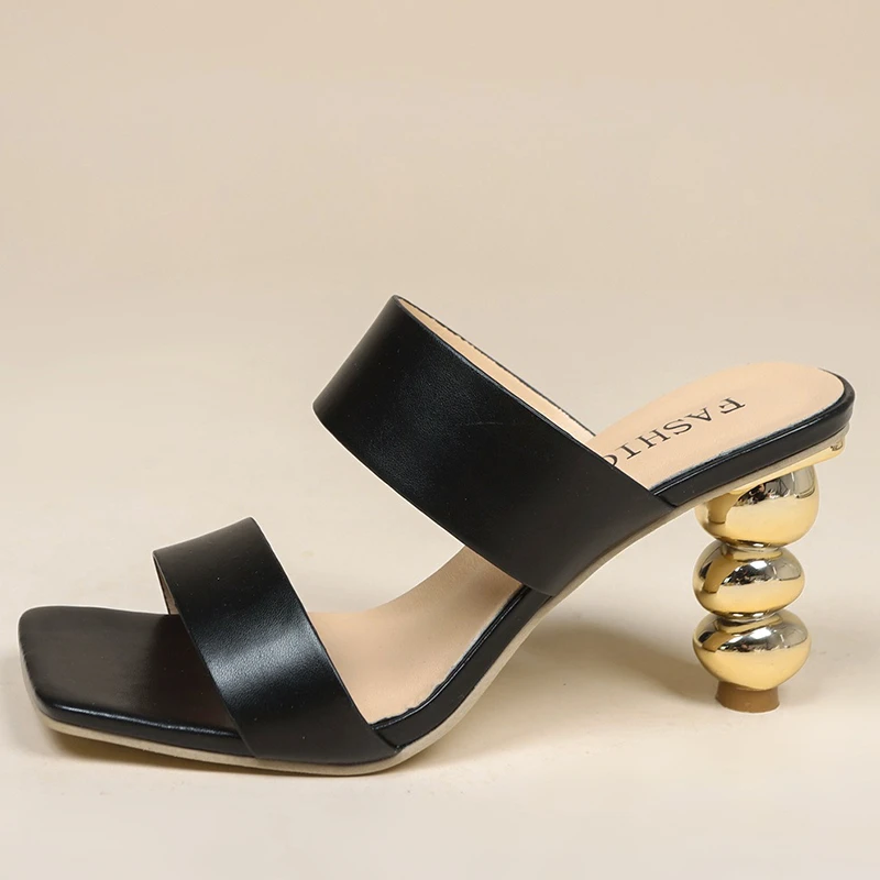 

2022 Summer Design Metal Strange High Heels Summer Women Slipper Elegant Square Toe Slip-On Sliders Shoes Ladies Sandals Size 42