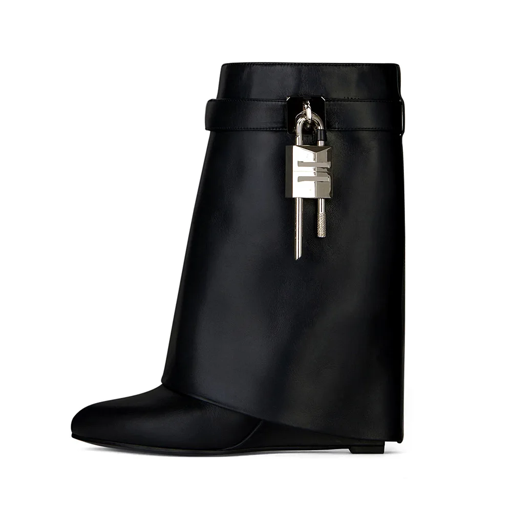 

Wedge Heel Metal Lock Buckle Boots Pointed Toe Side Zippered Calf Botines Large Size Women Trousers Botas Femininas Zapato