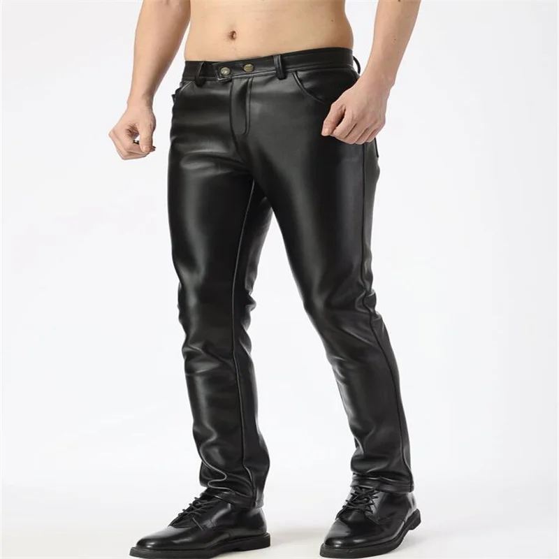 Autumn winter leather pants mens feet pants  motorcycle faux leather pu trousers for men Windproof velvet thick warm black
