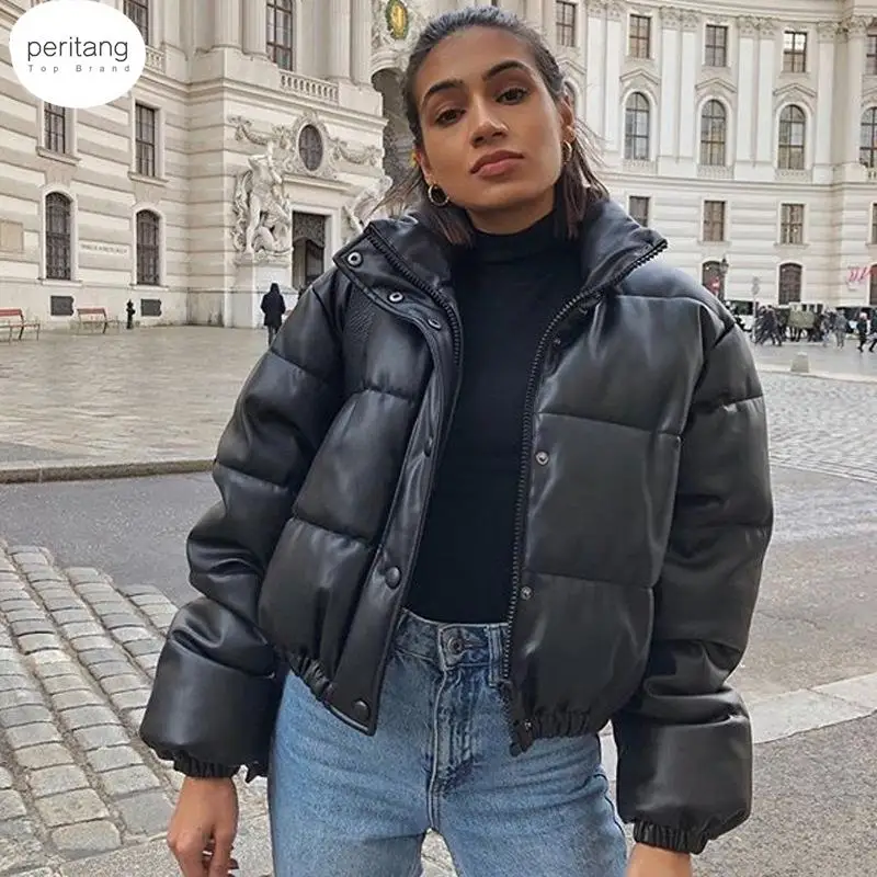 

Winter Warm Thick PU Leather Coats Women Short Parkas Fashion Black Cotton Padded Lady Down Jacket Elegant Zipper Clothes 2023